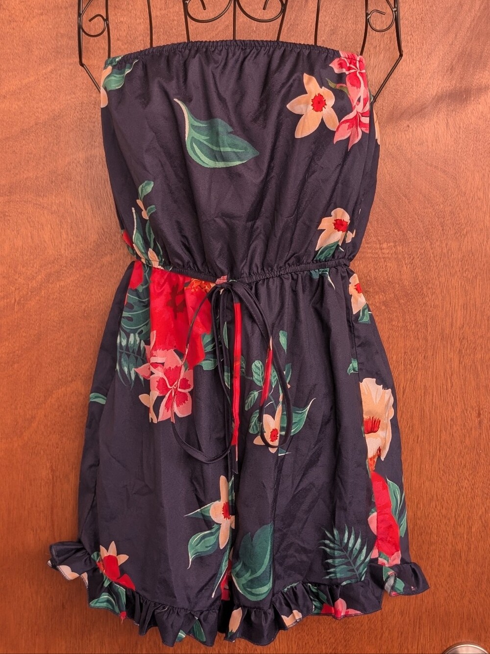 Strapless Navy Floral Romper with Tie Waist
